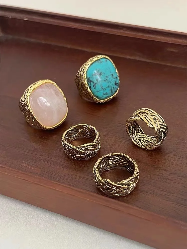 French Retro Twist Wound Metallic Ring Wheat Ear Woven Finger Loop Powder Crystal Ring Turquoise Rings Finger Accessories