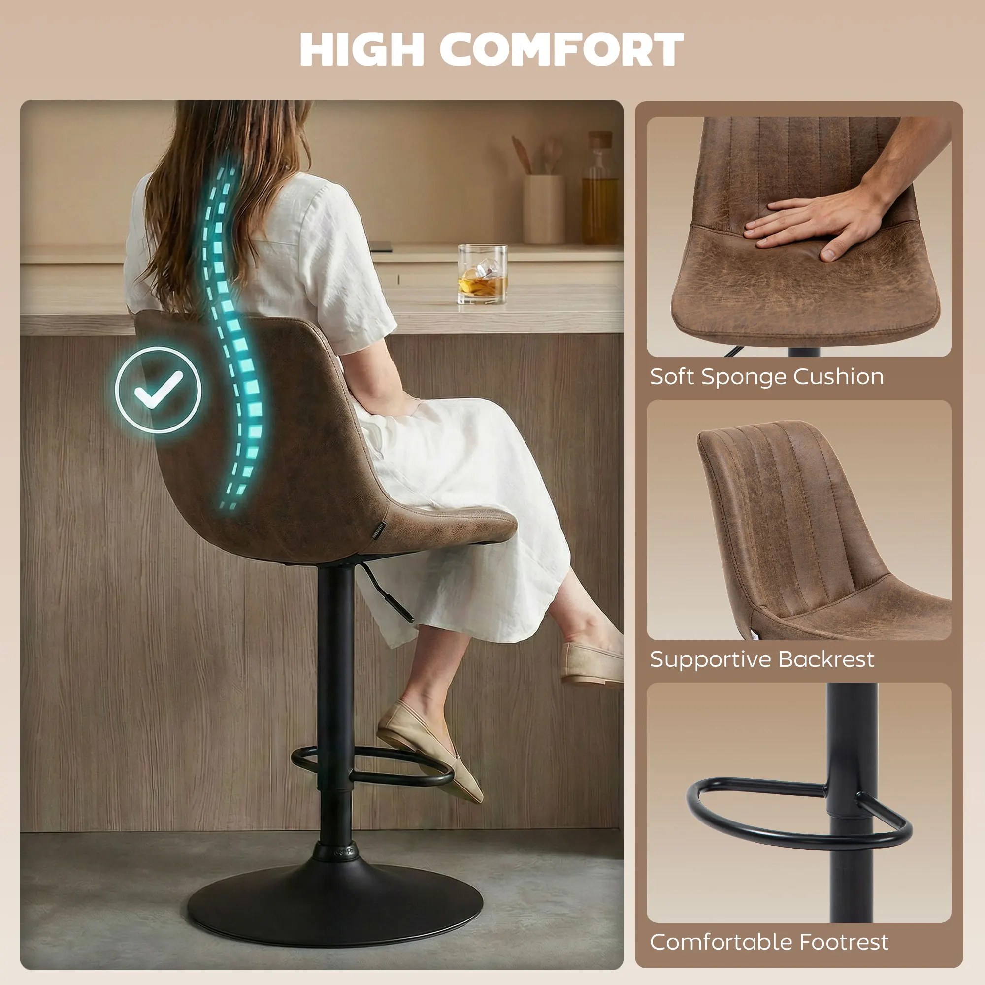 HOMCOM Set Of 2 Microfibre Retro Tub Bar Stools Metal Frame Footrest Seat Brown