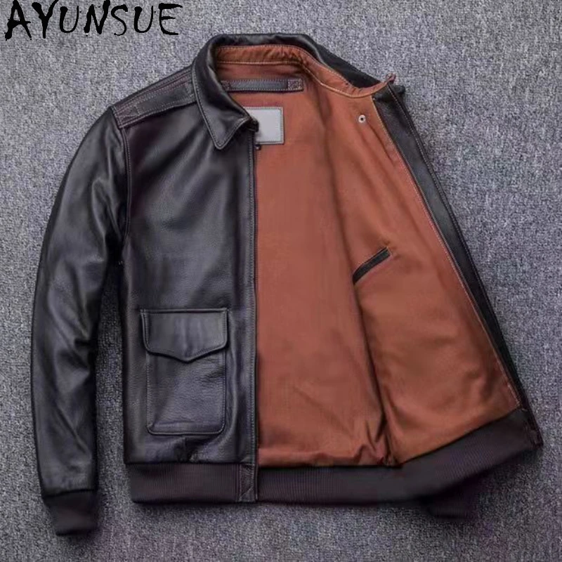 AYUNSUE Genuine Leather Bomber Jacket Cowhide Autumn Coats Short Mens Clothing Large Jackets Chaqueta De Cuero Para Hombre