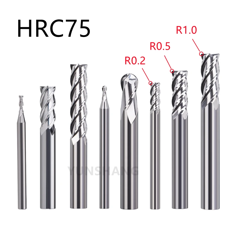 Solid Cermet Milling Cutter HRC75 2 Flute 4 Flute Ball End Mill R0.5-R6 Corner Radius Mill R0.2/R0.5/R1 Super Hard CNC Tool