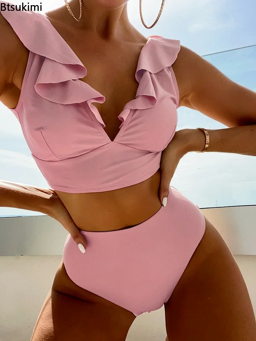2025 Women's Sexy High Waist Swimsuit Ruffle Bikinis Push Up Bikinis Set Summer Beach Wear Bathing Suit Female Solid Swimwear
