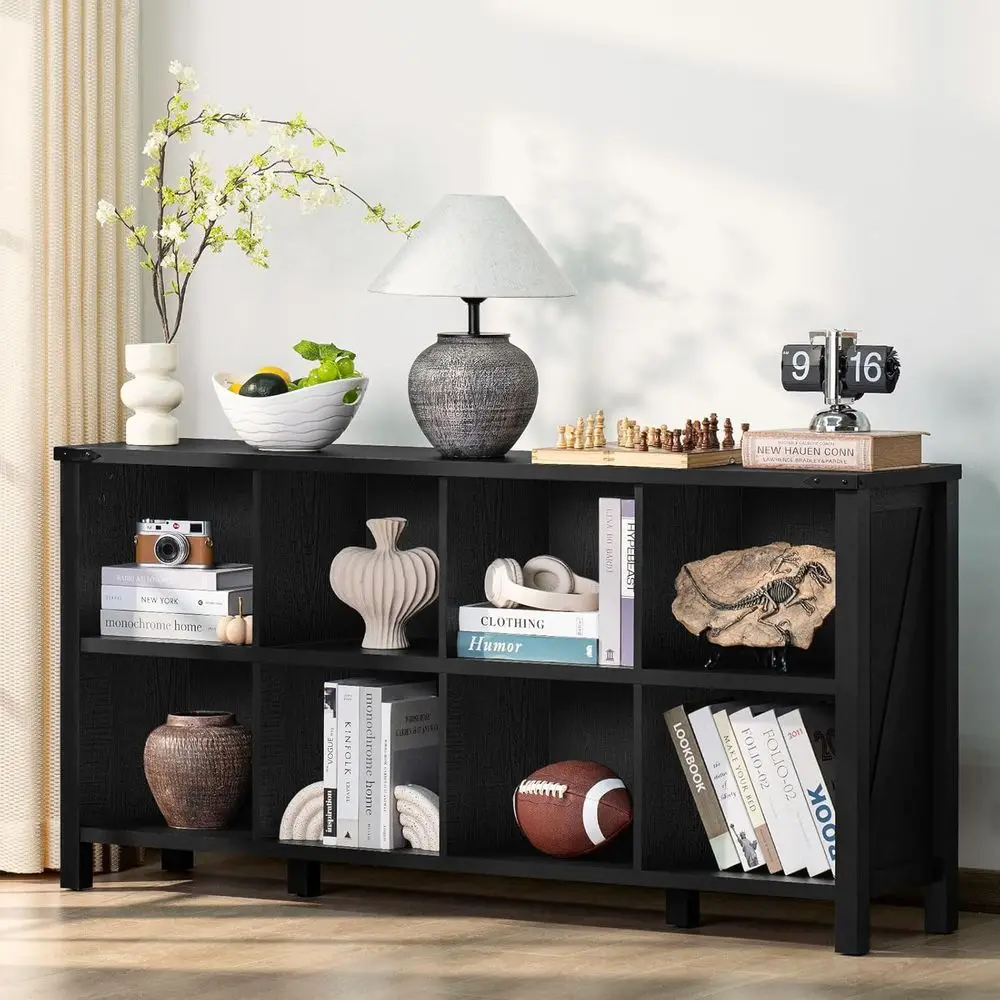 

Длинный горизонтальный черный деревянный стеллаж для хранения книг (62 дюйма) для гостиной, прихожей и зоны входа
