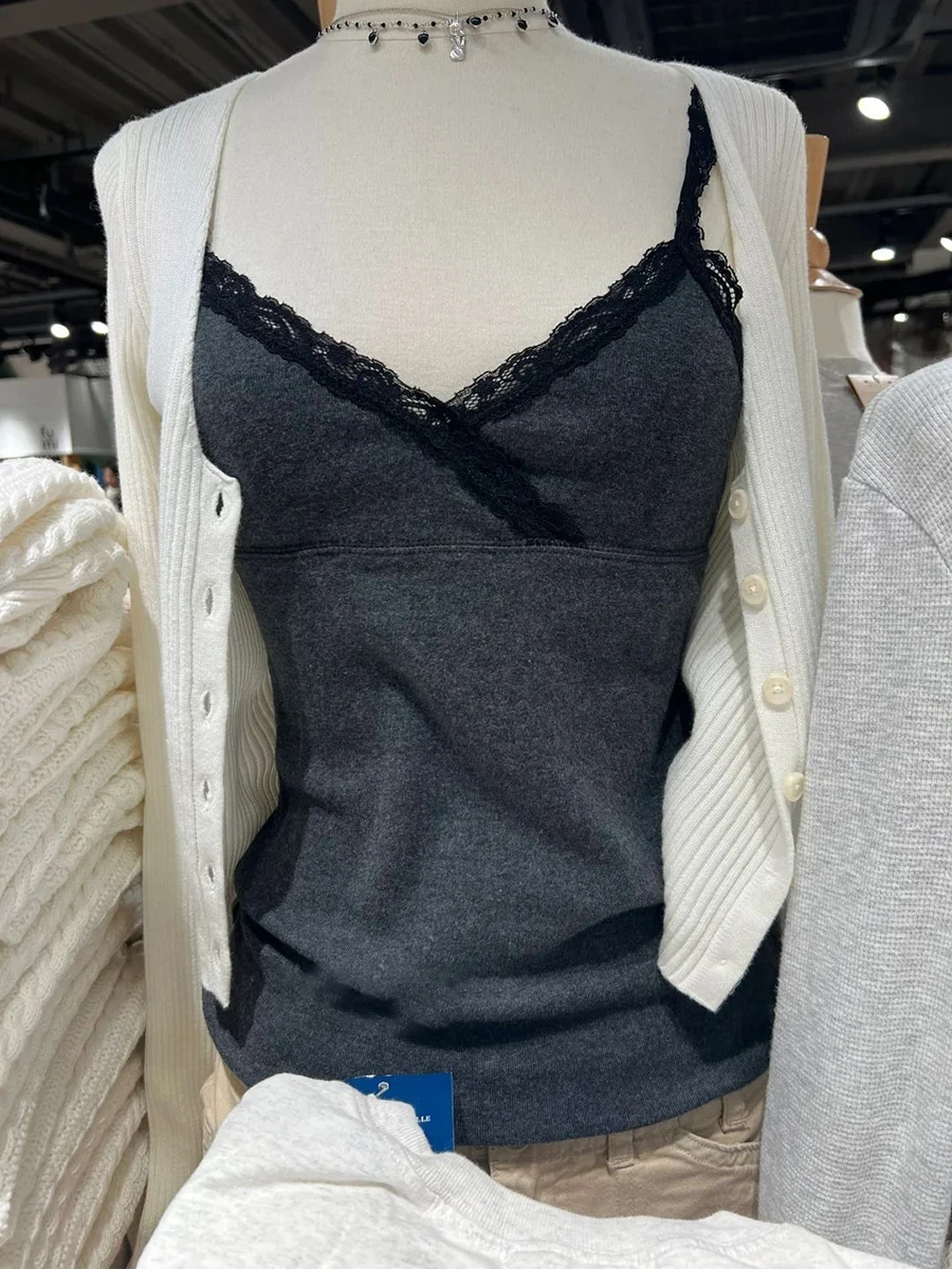 Lace Trim Sweet Slim Tank Tops Sexy Sleeveless V Neck Cotton Summer Basic Camisoles Vintage Simple Women Vests Y2k Clothes