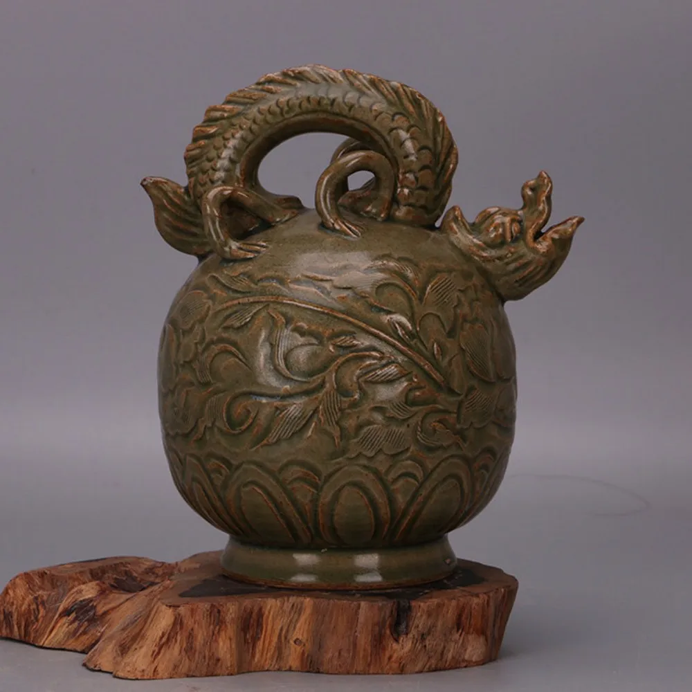 Handmade Chinese Song Yaozhou Ware Green Glaze Relief Dragon Handle Inverted Pouring Pot Porcelain Vintage Home Decor Gift