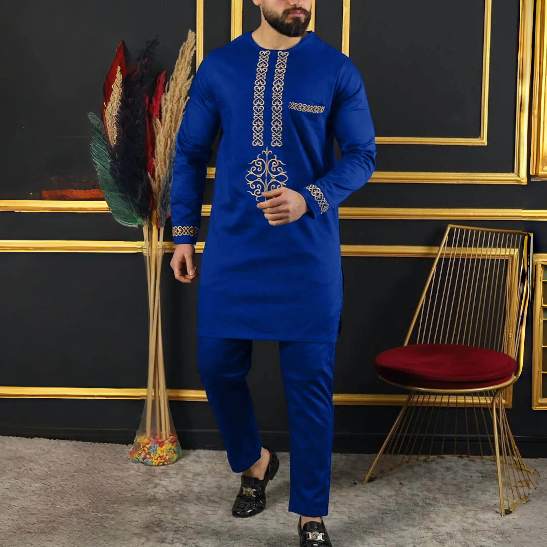 2Piece Sets Mens Outfit Embroidered Pocket Long Sleeve Top Pants Men's Wedding Suit Business Ethnic Casual Wear Tee Shirt Homme