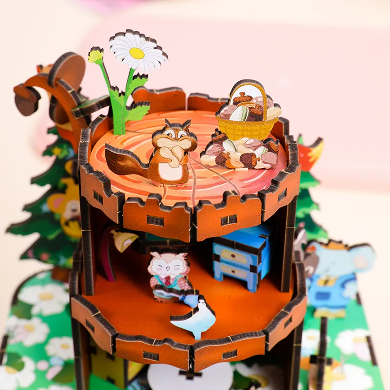 Caja de música de bosque de animales de madera 3D DIY, Kits de modelos en miniatura, rompecabezas que se puede mover para amigos, regalos de cumpleaños, decoración del hogar