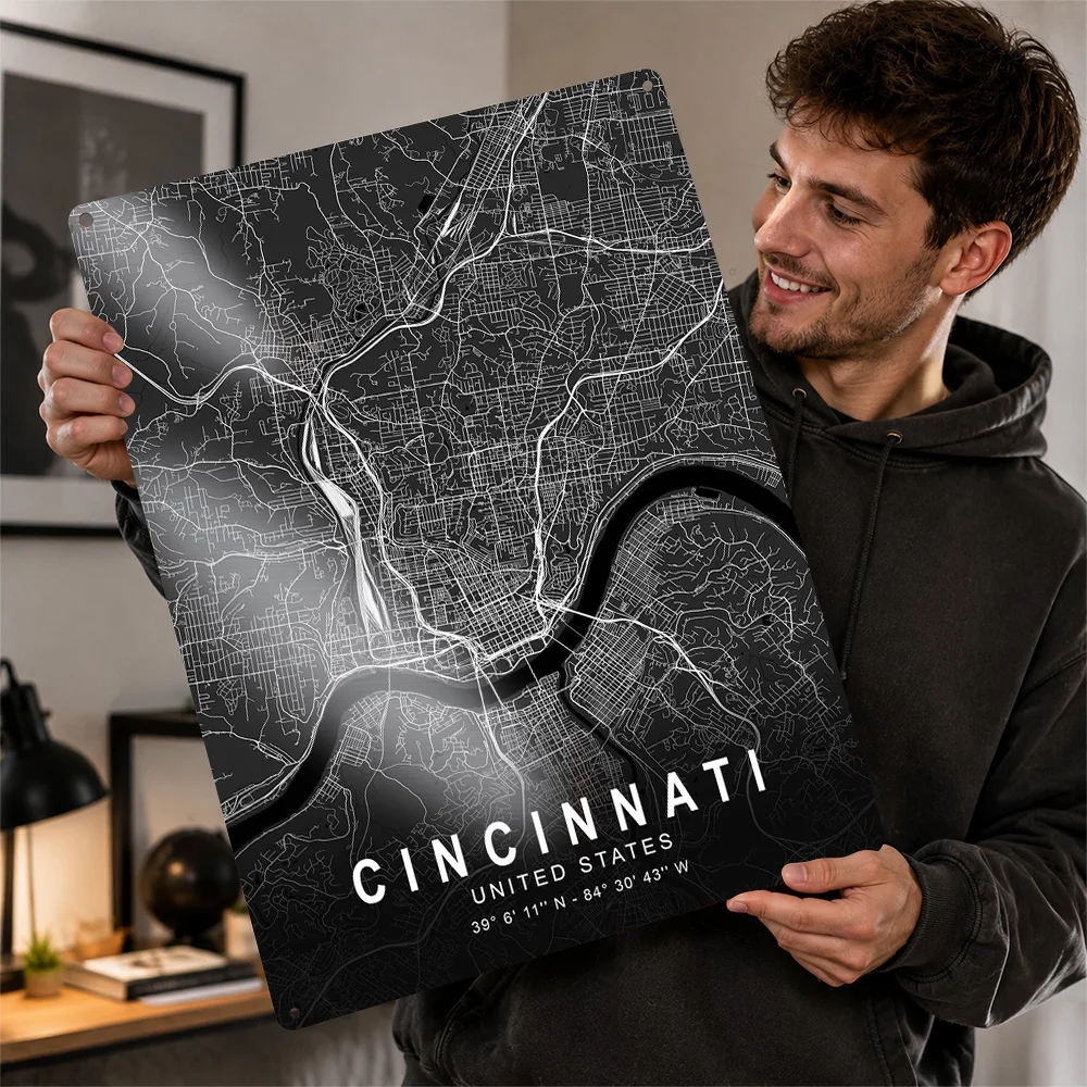 Cincinnati Dark Map Aluminum Poster Customized Metal Tin Sign City Network Layout Wall Art Made For Geography Fans In Entryway