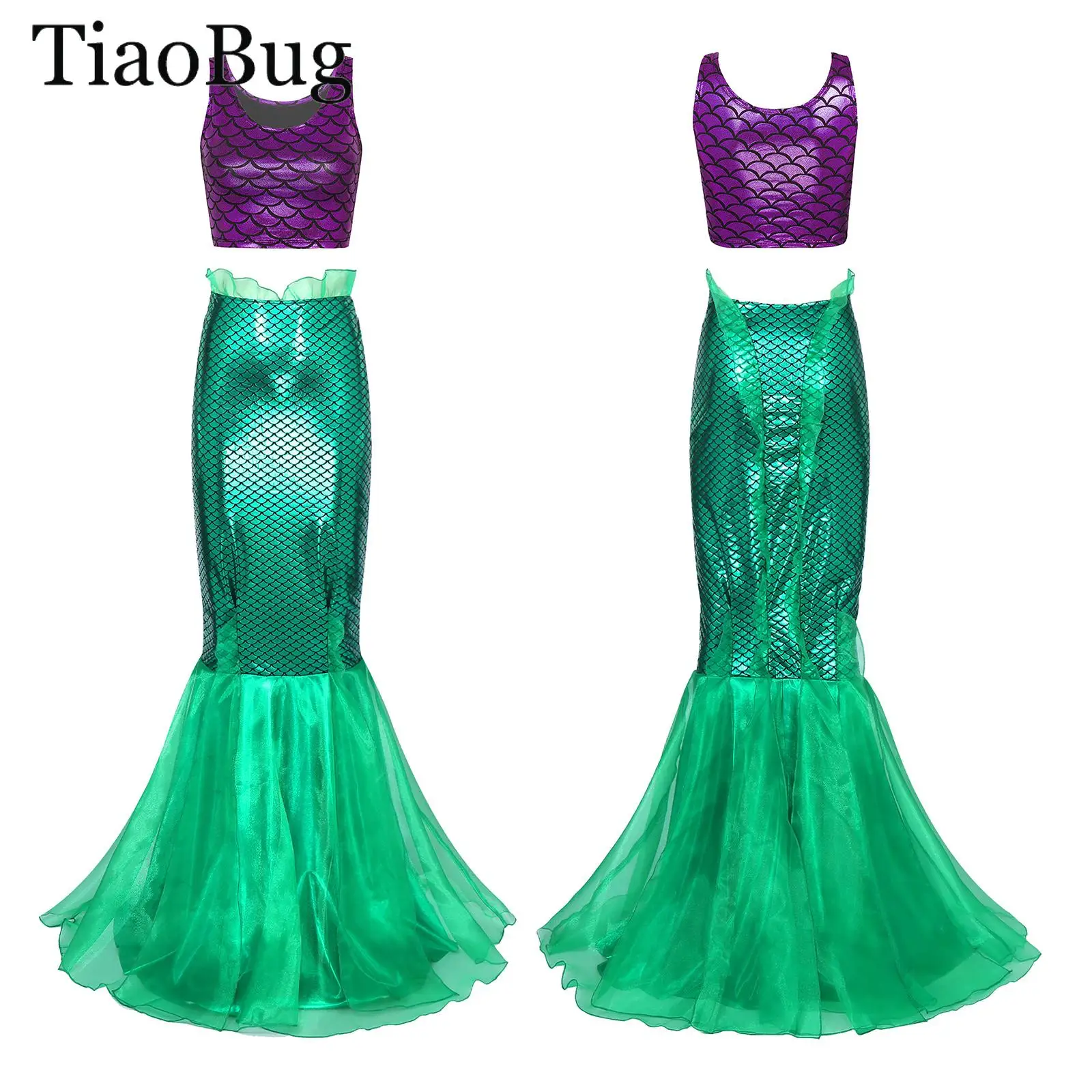

Halloween Mermaid Cosplay Costume Metallic Fish Scale Print Crop Top Sleeveless Vest Tank Top with Tulle Fishtail Skirt Dress Up