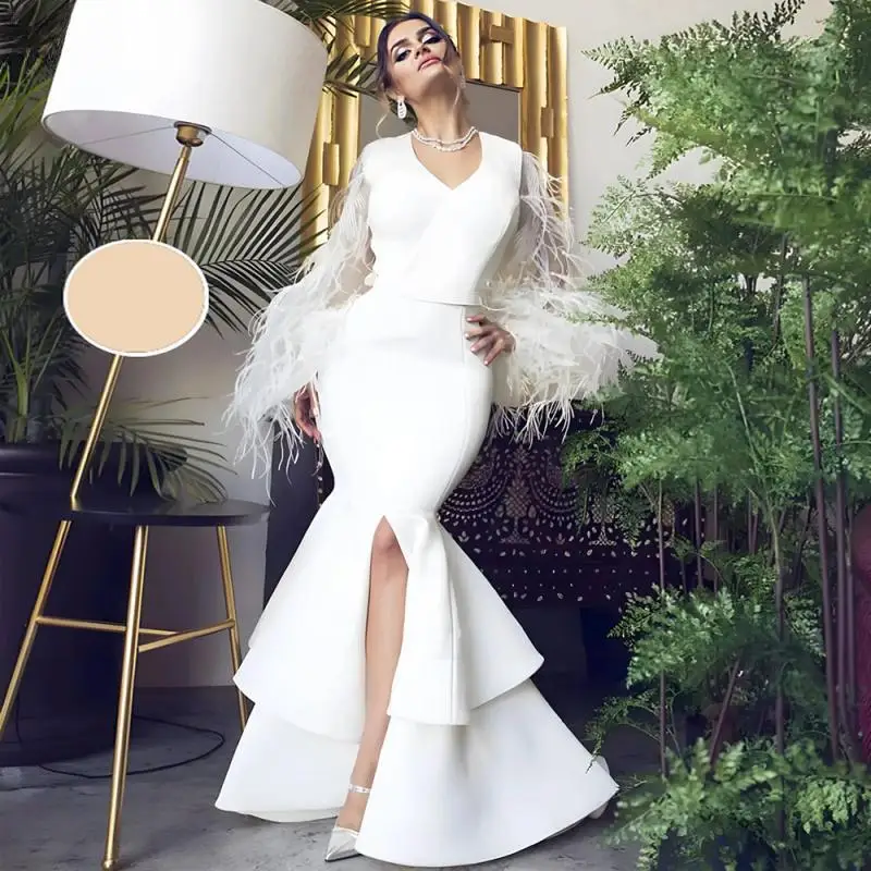 

White Mermaid Evening Dresses Long Luxury Prom Dress 2024 Feather Sleeves Sexy Front Slit Satin Vestidos De Fiesta Formal Party