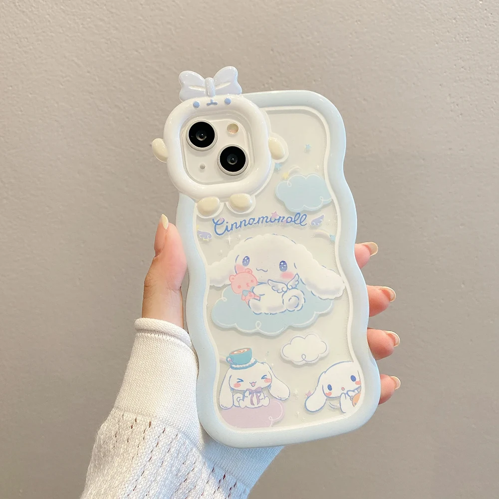 Kawaii Sanrio Cinnamoroll Phone Case for IPhone 16 15 14 13 12 11 7 8 X XR XS plus Pro Max 3D Bow-knot Little Monster Lens Cover