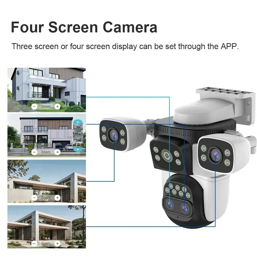 10K Outdoor WiFi Camera Optical 10X Zoom Four Lens  20MP Four Screens PTZ Human Two Way Audio Auto Tracking Security Camera CCTV