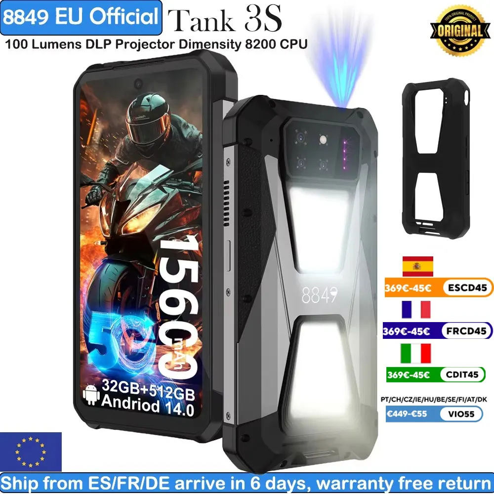 8849 Tank 3S Unihertz projecteur Smartphone robuste 5G 15600mAh dimension 8200 Android14 double Sim 512GB + 36GB 6.79 ''1 to étendre