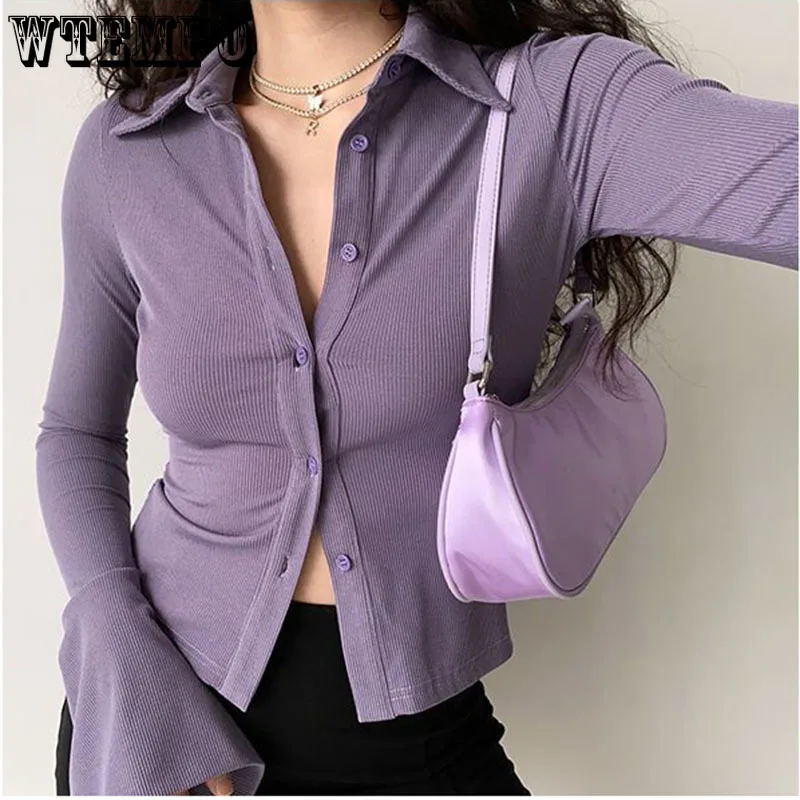 Purple Flare Sleeve Shirt Polo Lapel Women's Short Top Slim Sexy Thin Cardigan High Waist Navel Expose Korean Fashion Hottie