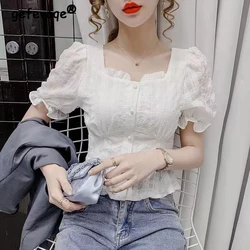 New Women's Korean Fashion Ruffle Elegant Sweet Shirt Summer Square Collar Solid Slim Chic Blouse Casual Short Sleeve Fairy Tops