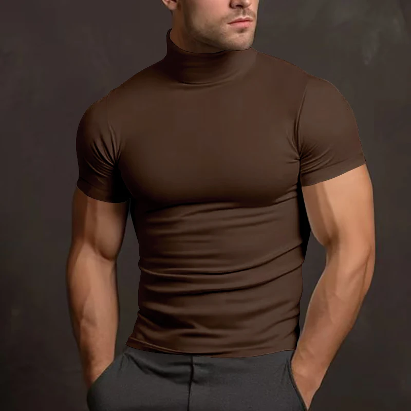 Summer short sleeved solid color elastic tight fitting shirt for men\'s T-shirt round neck running training fitness suit