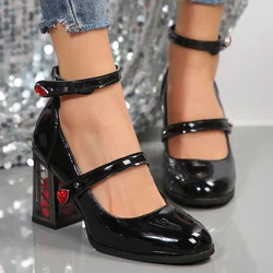 Gothic Ankle Strap High Heels Pumps Women Rose Heeled Patent Leather Mary Jane Shoes Woman Y2K Style Cosplay Lolita Shoes Laides