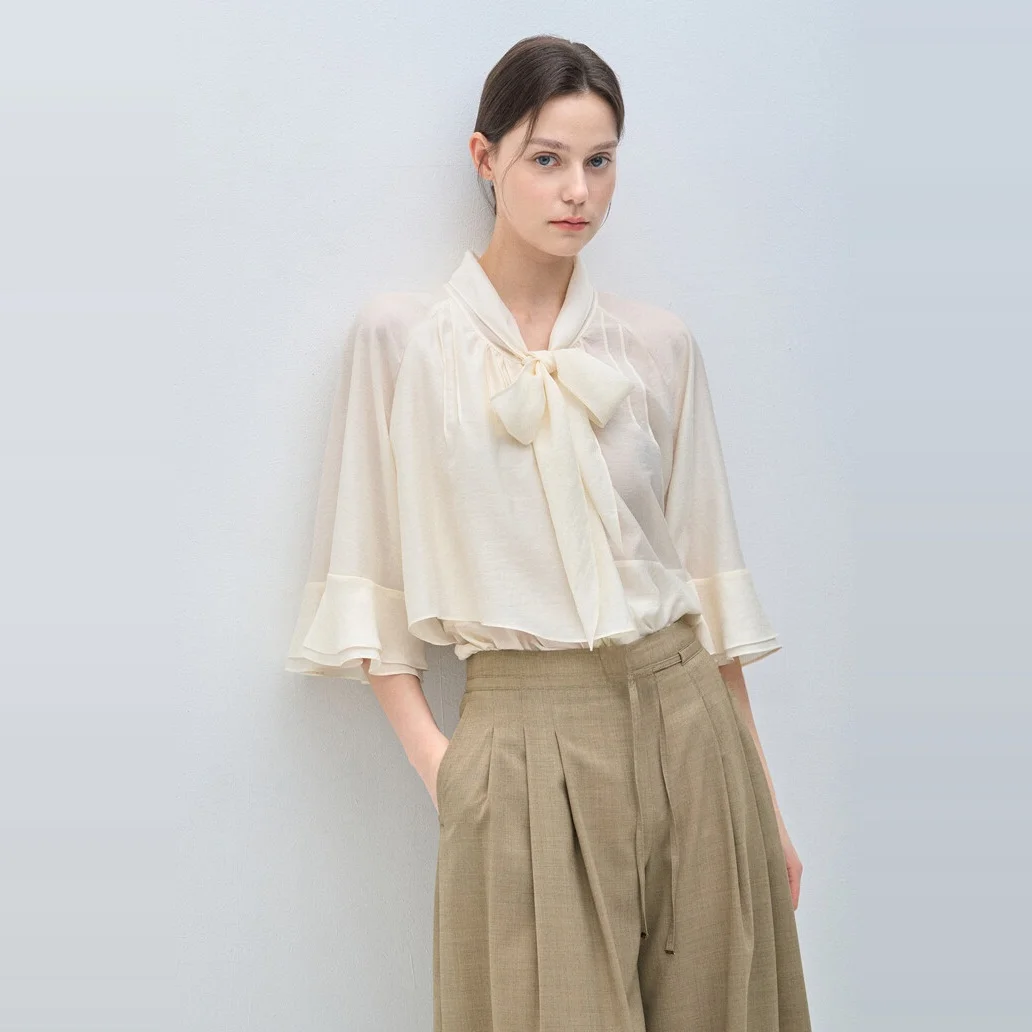 Ele V-ne Plissee irt Damen Faion Commute Sle Koreanische Version Pure Color Long Sve Button Detail Bluse