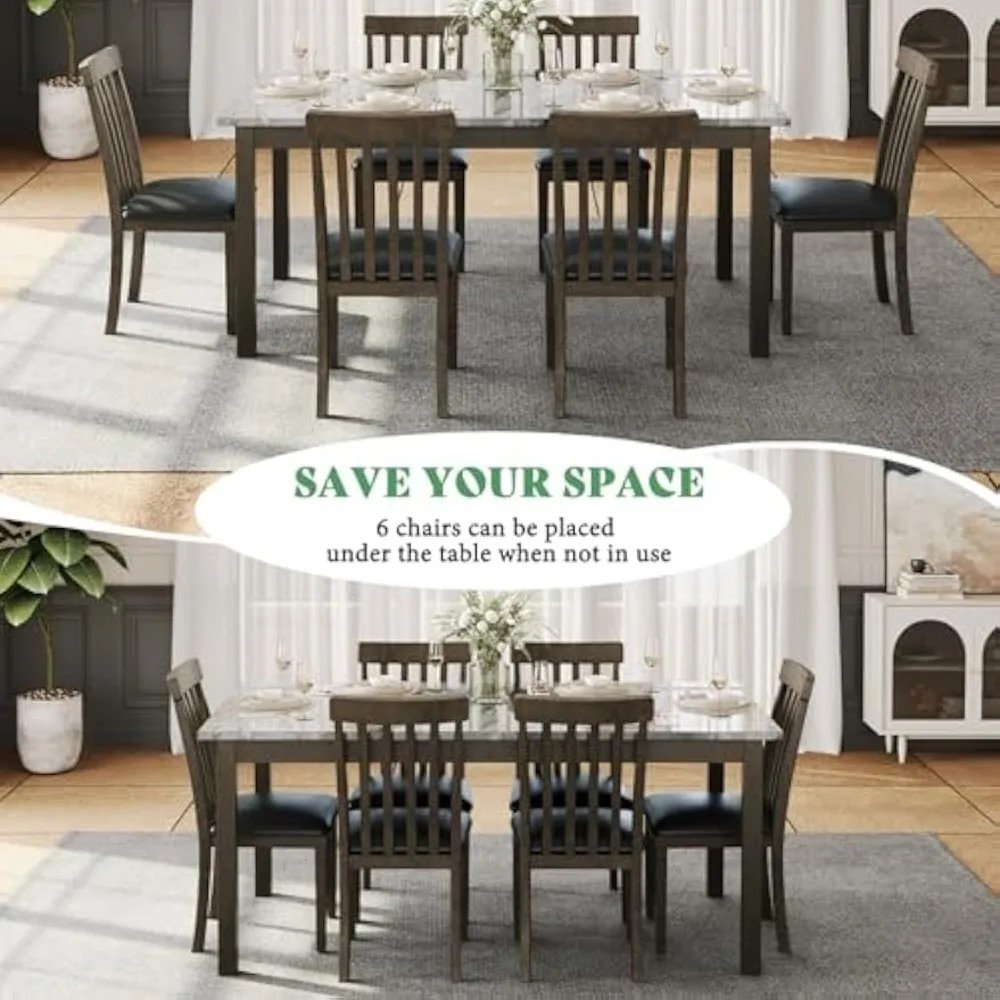 7-Piece Dining Table Set For 6, Faux Marble Modern Dining Table Set With 6 Upholstered PU Leather Chairs
