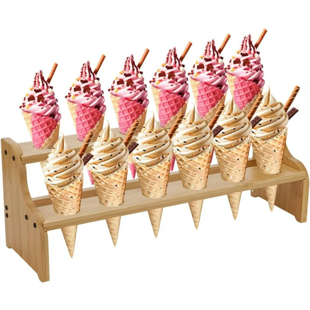 

Bamboo Ice Cream Display Stand 2-Tier Ice Cream Cone Holder with 12 Holes Wheat Color Wood Waffle Cone Display Stand