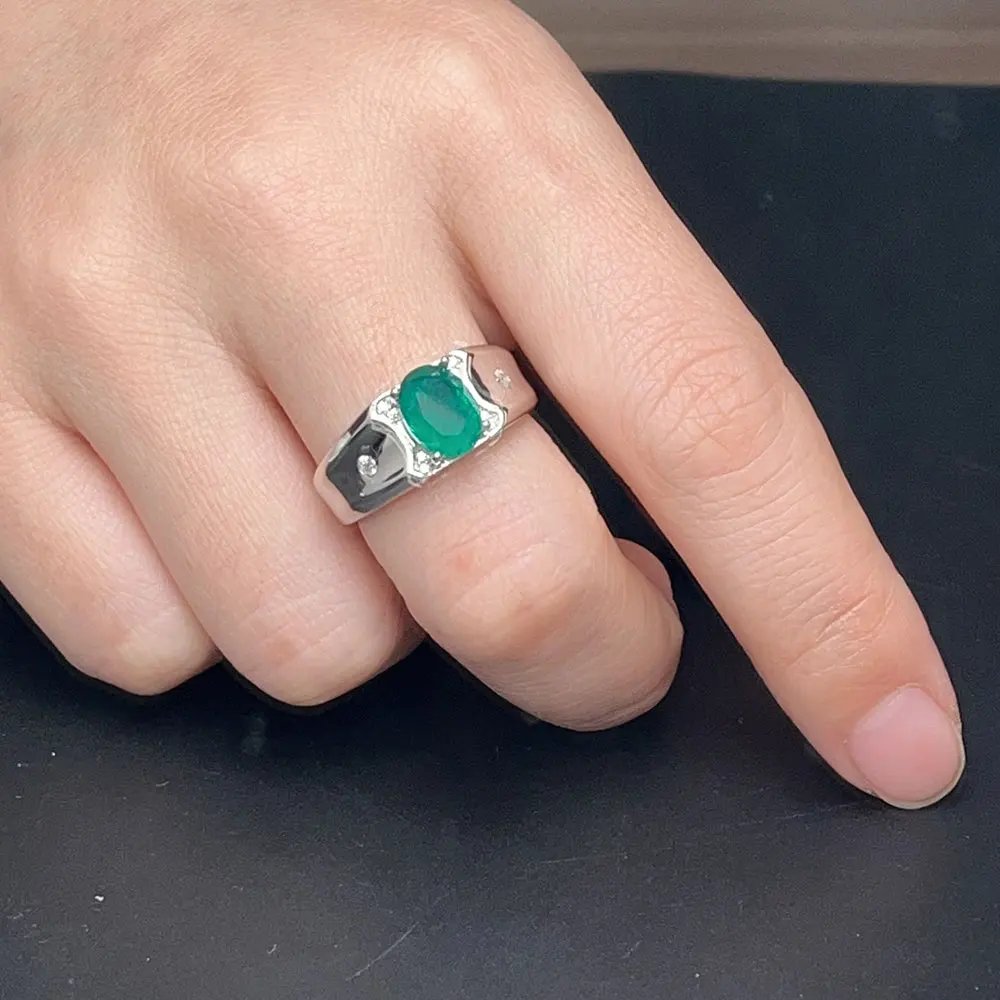 7mm*9mm Lab Created Emerald Color Crystal Ring 18K gold platedPure 925 Silver Gemstone Ring for Men - Image 4