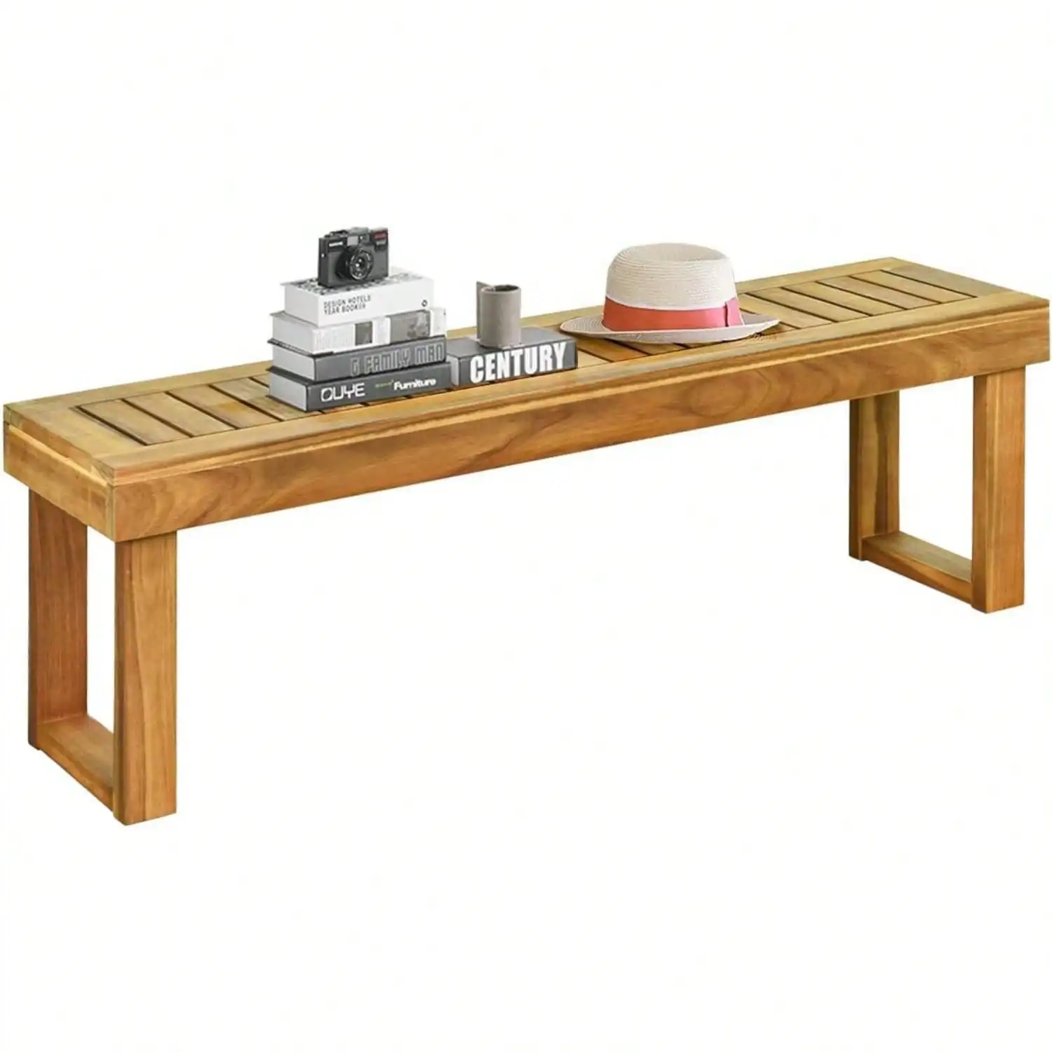 

52” Outdoor Acacia Wood Garn Bench, Patio Wood Dining Bench Slatted Seat, Woon Backls Bench for Outdoors & Indoors