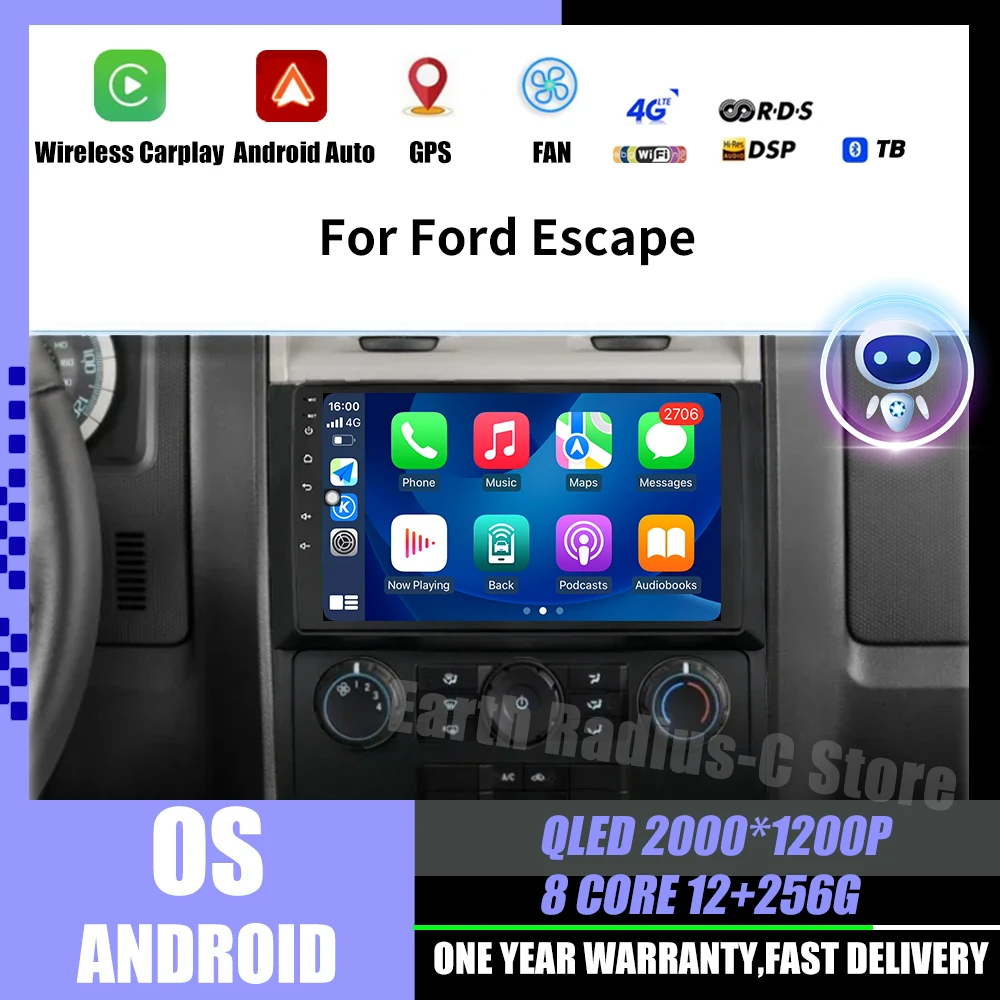 

9" Android 14 For Ford Escape 2007 - 2012 Car Auto Radio Multimedia Video Player Audio Navigation GPS Head Unit Stereo NO 2 Din
