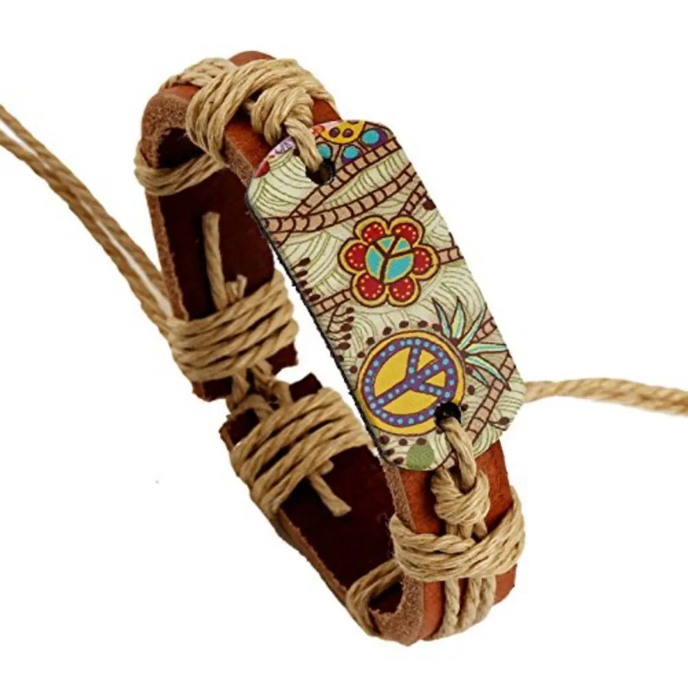 Retro Style Leather Boho Bracelets Peace Symbol Wear-resisting Hemp Rope Woven Fabric Waterproof Fall Prevention