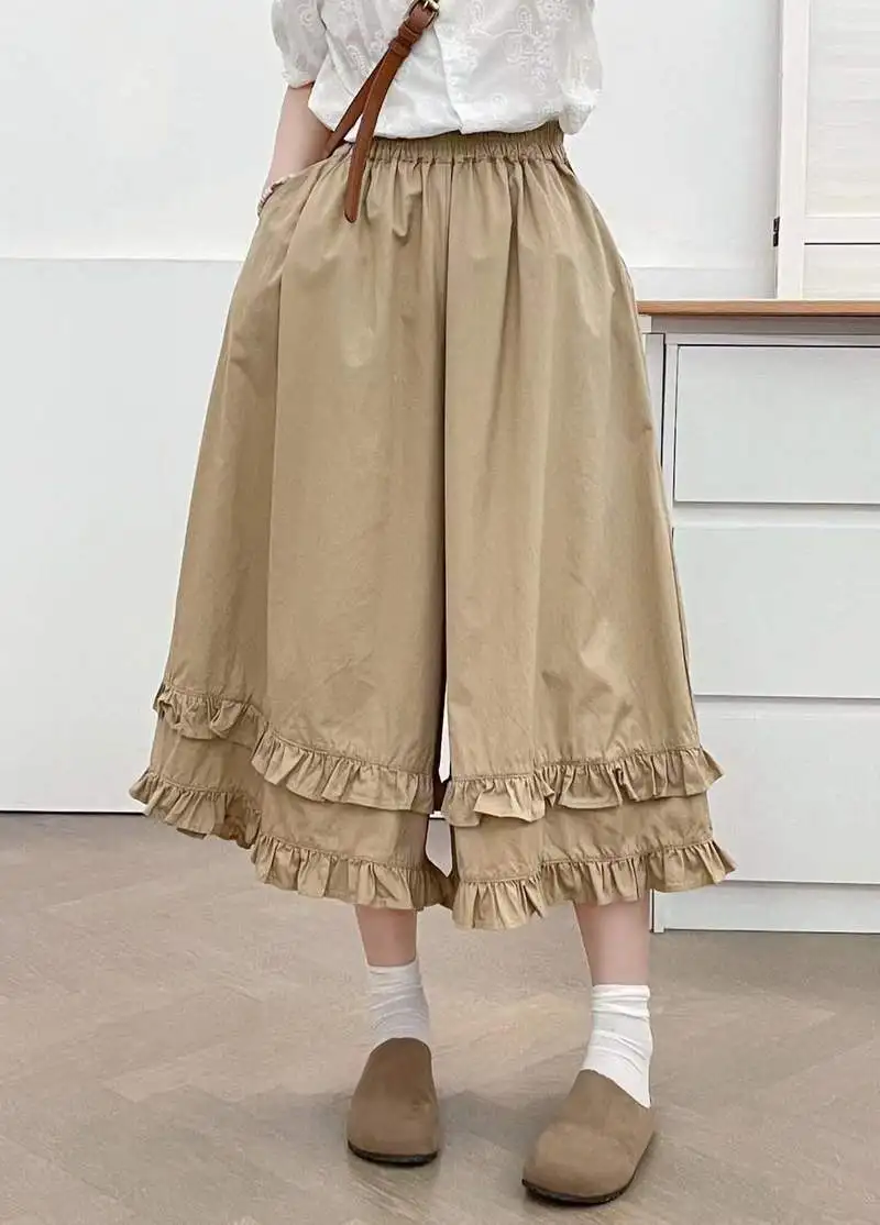 Japanese Sweet Mori Girl Solid Color Ruffled Hem Wide Leg Pants Women Summer New Elastic Waist Casual Loose Calf Length Pants