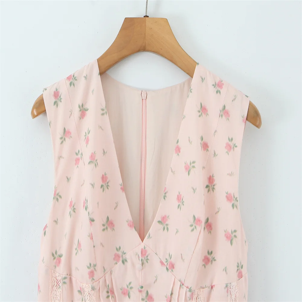 Sweet retro floral pure desire V-neck lace hollow waist mini dress