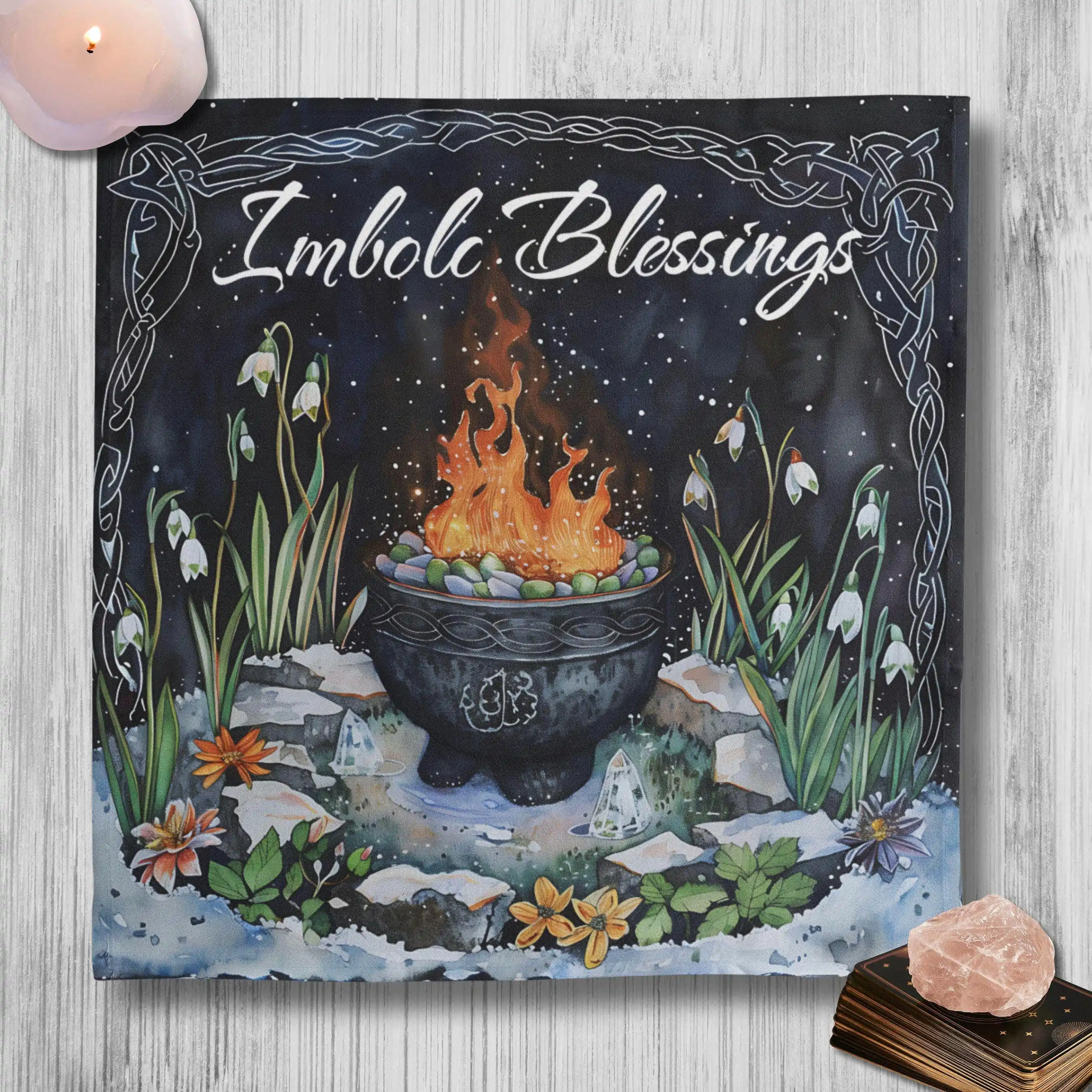 VIKAMA Igneous Torch Crucible Tablecloth Celtic Snowdrop Flower Witch Altar Cloth Tarot Divination Tarot Card Tablecloth