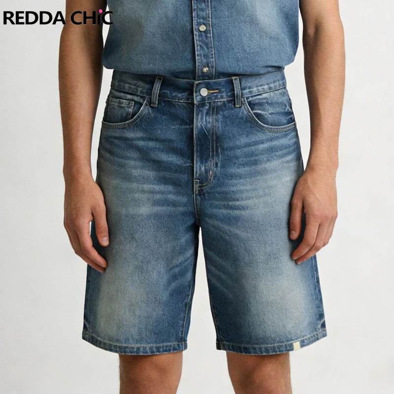 

REDDACHIC Vintage Distressed Baggy Jean Shorts Light Wash Pockets Straight Knee Long Bermuda Pants Hip Hop Korea Men Streetwear