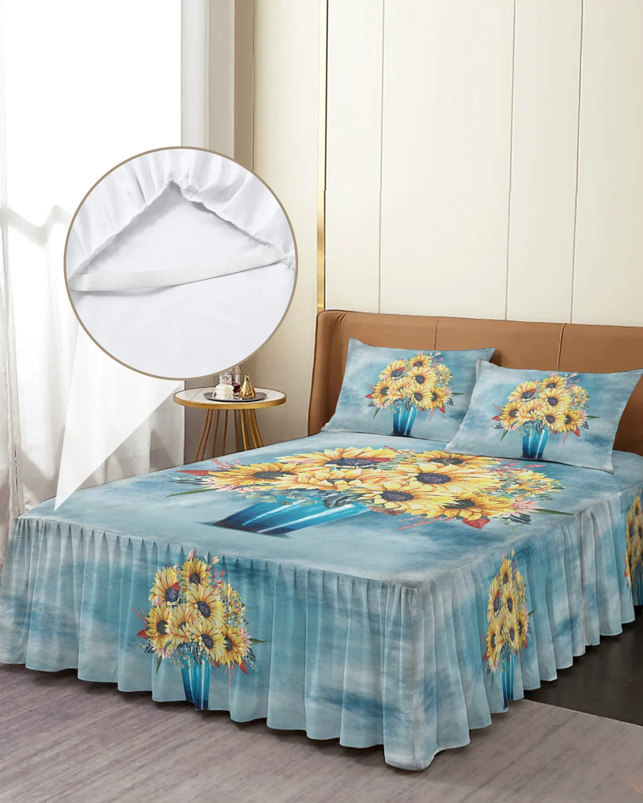 Oil Painting Texture Sunflowers Vases Bed Skirt Elastic Fitted Bedspread With Pillowcases Mattress Cover Bedding Set Bed Sheet