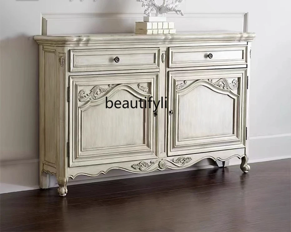 

A36 American oak solid wood dining side cabinet neoclassical carved TV entrance cabinet white retro old decorative cabinet