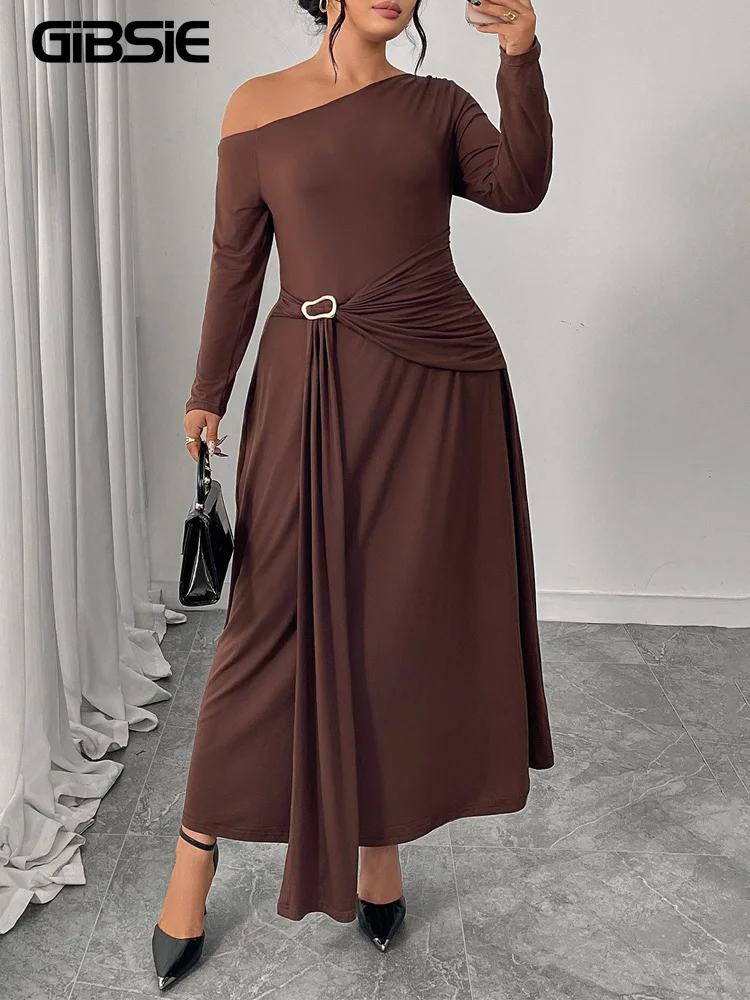 

GIBSIE плюс размер, однотонное платье с поясом и диагональным воротником, женское осеннее платье 2022, элегантное вечернее платье макси трапециевидной формы с высокой талией и длинными рукавами