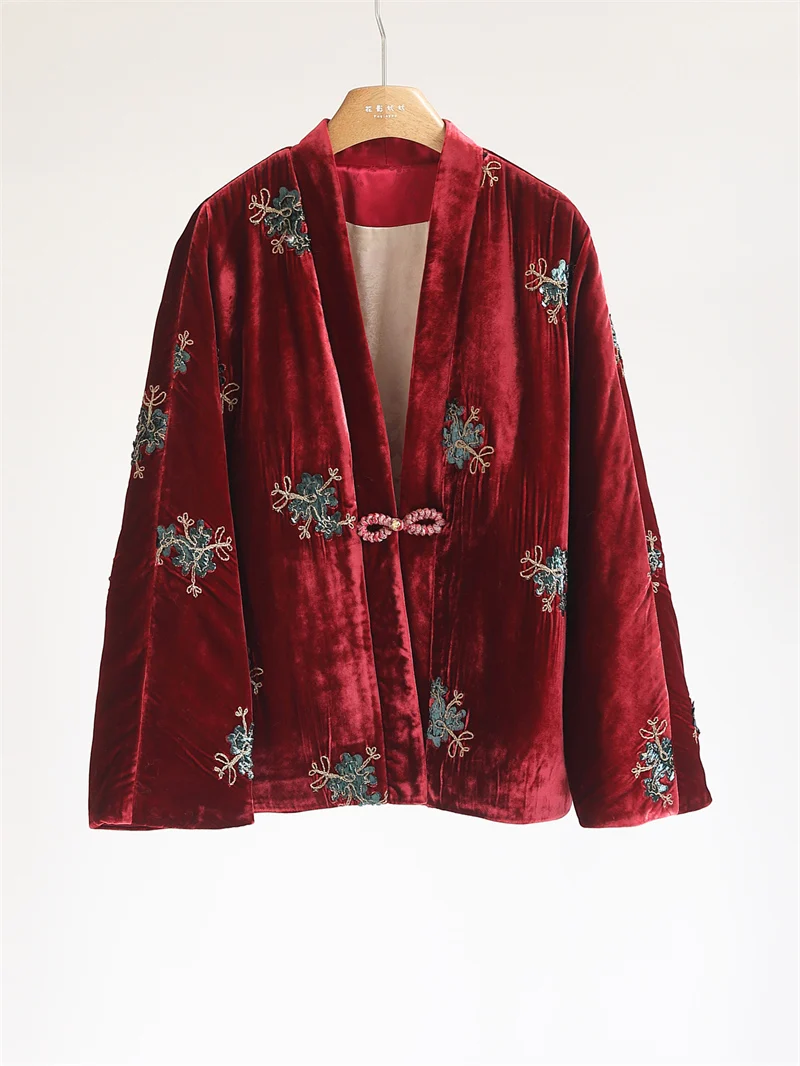 

Silk Velvet Cotton Jacket Women's V-neck Button Embroidery Traditional Chinese Style Thickened Long Sleeve Winter Coat
