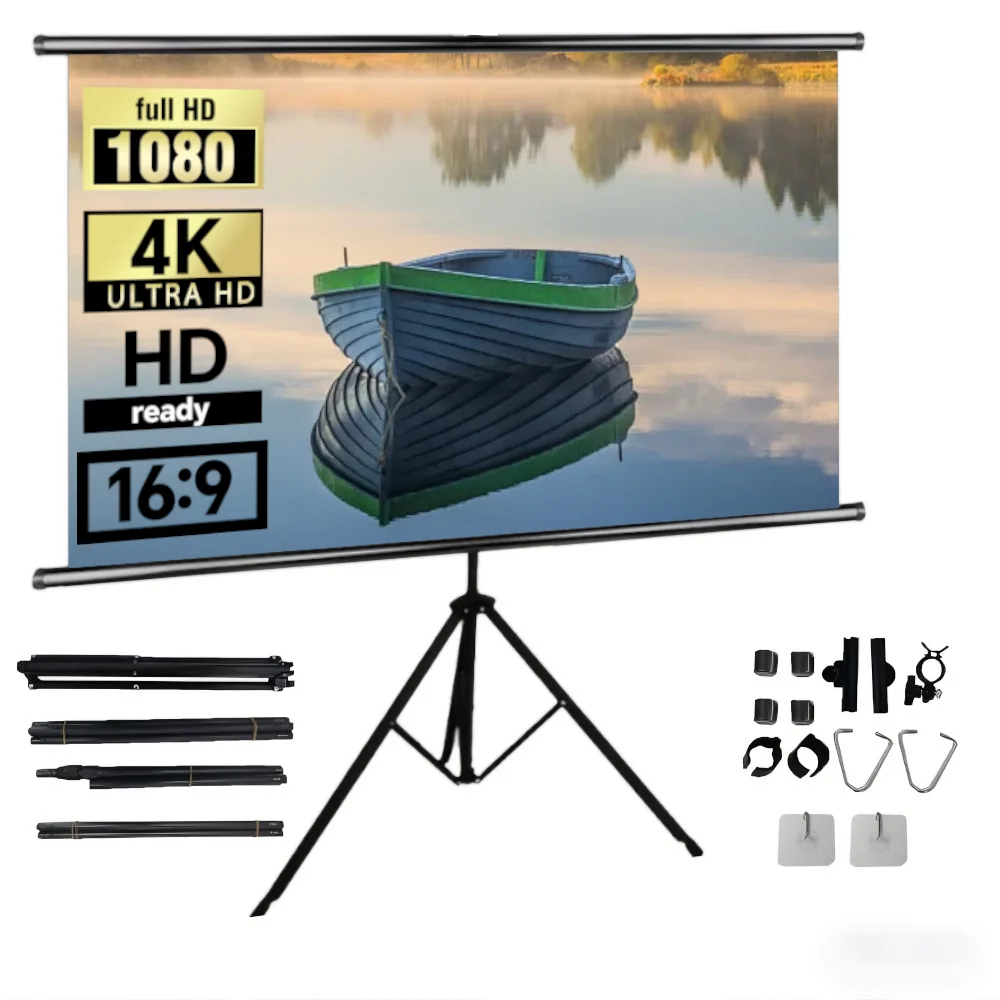 Projection Screen with Stand, 60 Inches, 16:9 Aspect Ratio, Foldable and Wrinkle-Resistant, Washable, Portable for Indoor