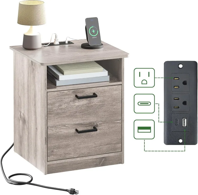 Everyday Side Table with Fast Charging Station - USB C Cable Fast Charging, Wooden Grey Nightstand Bedside Table with 2 Drawers,