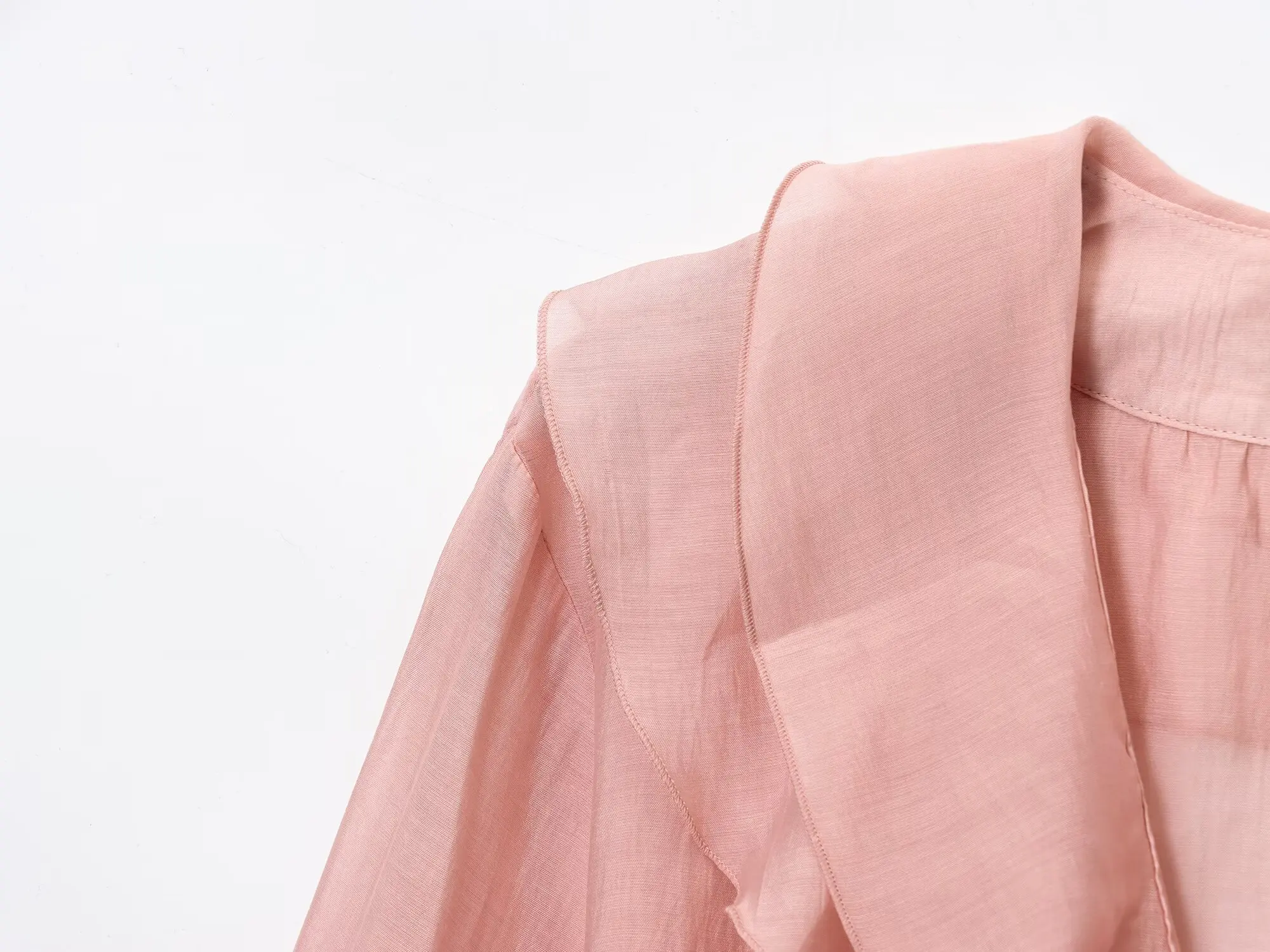 HH Französischer Stil Rosa Rüschenbesatz Bluse Damen V-Ausschnitt Knopfleiste Chiffon Elegant Sommer Urlaub Strand Business-Kleidung – Detail 7