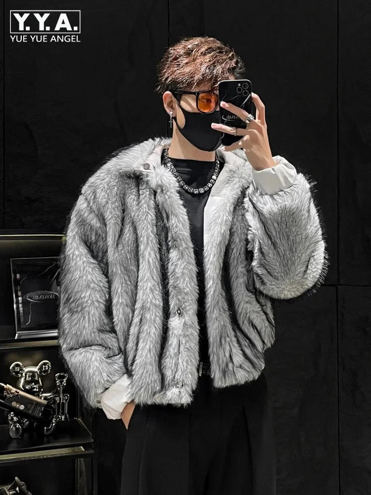 

Зимняя мужская пушистая куртка из искусственного меха, двустороннее пальто из искусственной кожи, свободное пальто в стиле хип-хоп, сценическое шоу, модное теплое пальто в стиле Харадзюку