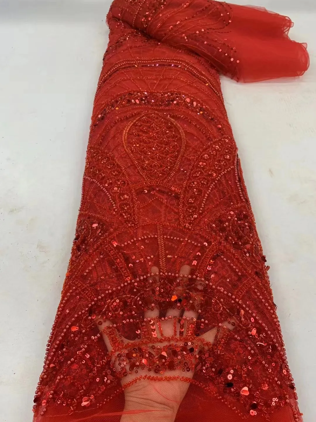 

Luxury African Heavy Bead Lace Fabric 2024 Red High Quality Nigerian Sequins French Tulle Fabric Material For Wedding Party