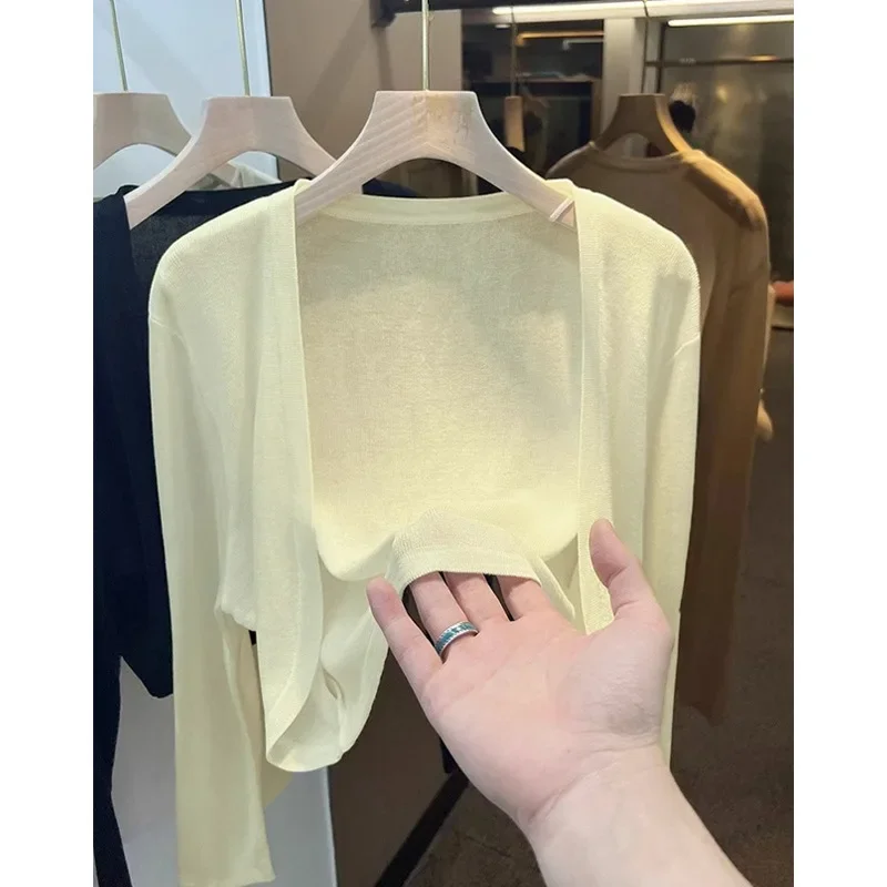

Nice Women's Clothing White Short Knitted Sunshade Cardigan Sweaters Jacket Jumpers Thin Summer Camisole Skirt Thin Gauze Cardig