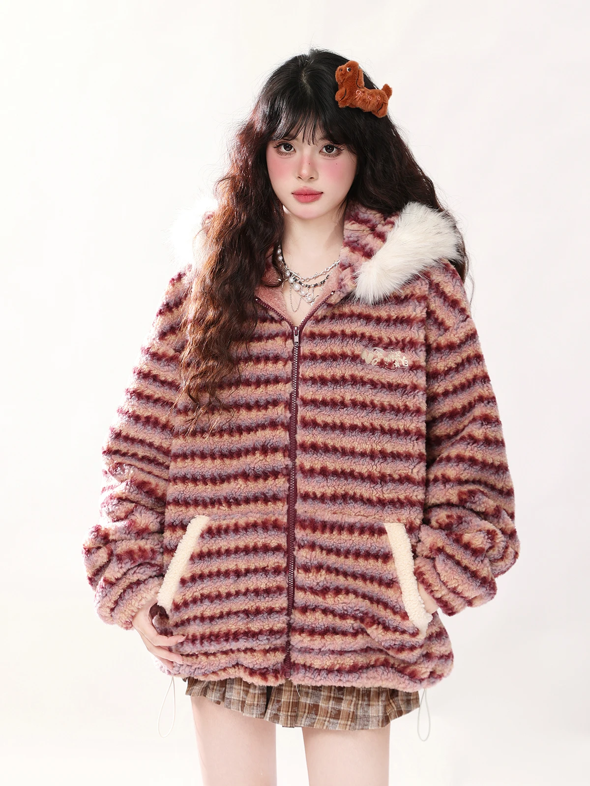 

Женская осенне-зимняя свободная куртка ENJOG в стиле ретро с полосатым воротником из овечьей шерсти, красная, хлопковая, с длинными рукавами, на молнии, с капюшоном