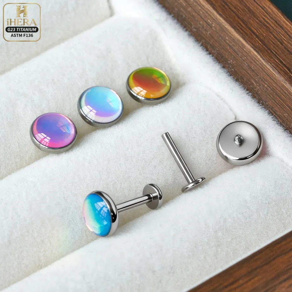ASTM F136 Titanium Round Gem Inlaid Flat Back Earrings Set Helix Tragus Conch Labret Lip Nose Ear Cartilage Piercing Jewelry