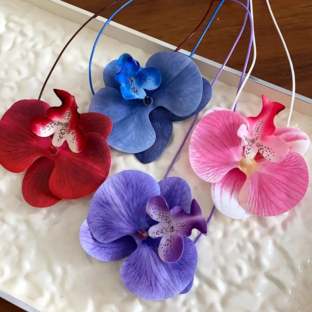 

Elegant Butterfly Orchid Flower Necklace Leather Wax Thread Jewelry Gift Clavicle Chain Lace Up Korean Style Flower Choker