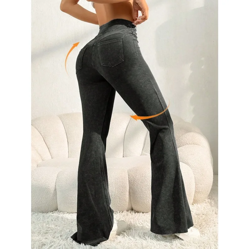

Women Yoga Pants Sports Women High Waist Flared Jeans Style Yoga Pants, With Pockets For Workout Running Fitness Commute, Butt Lifting (Random Distressed Effect)