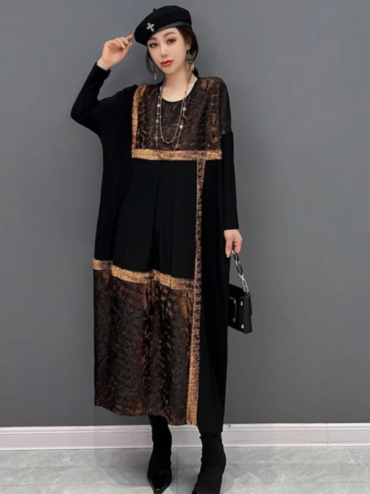 

Vefadisa 2024 Осень Новые черные Лоскутные женские платья с О-образным вырезом длинным рукавом Сменное платье темпераментное модное платье LHX2445F1