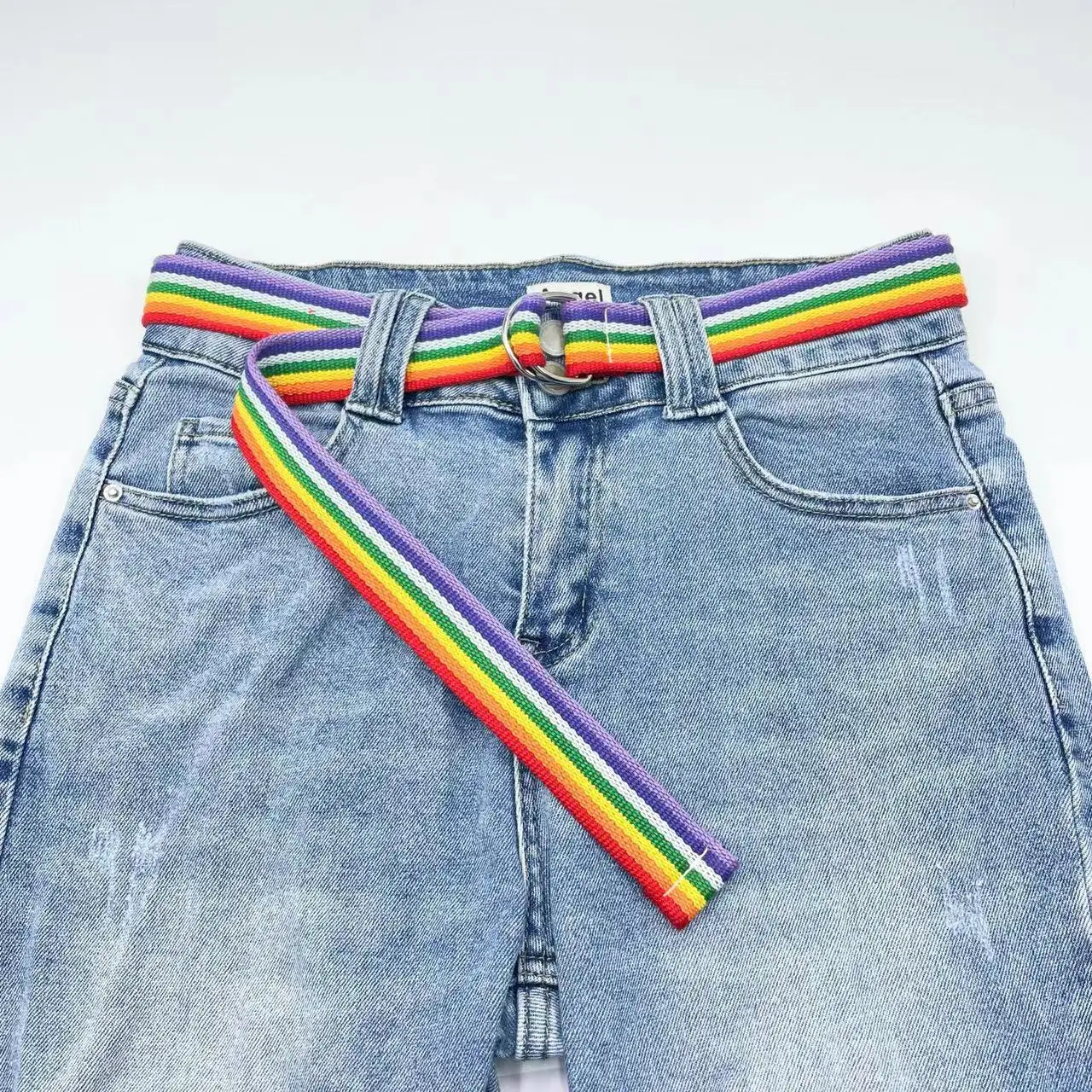 20 pezzi cinture tessute doppio anello tipo D cintura in tela arcobaleno fettuccia Casual selvaggia lunga decorativa Unisex strisce cintura in vita