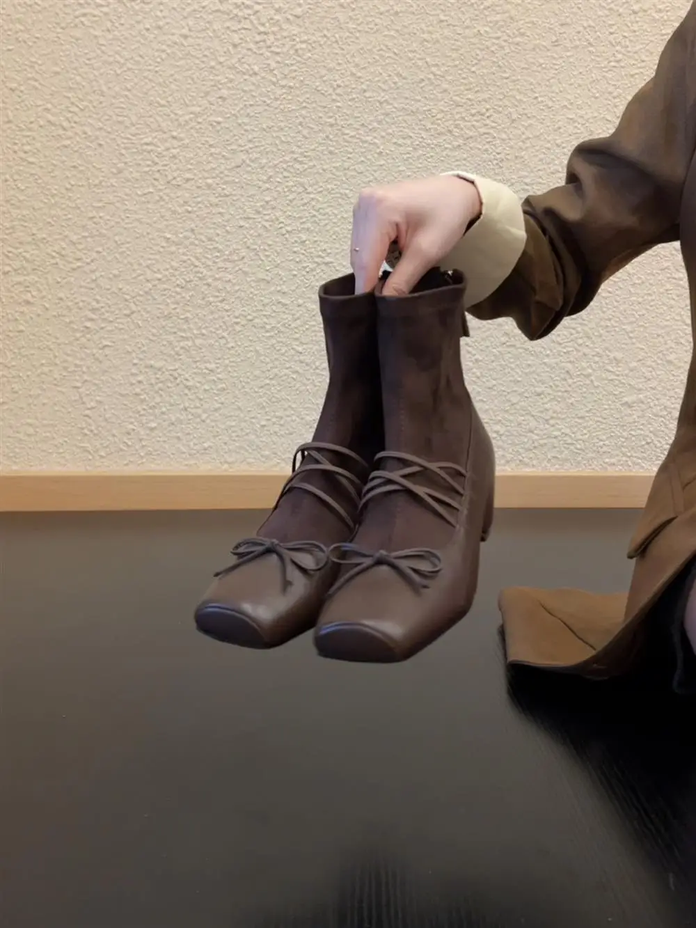 retro-ballet-sle-square-head-elastic-slim-boot-women's-cross-belt-knot-ort-boot-korean-sle-faion-boot