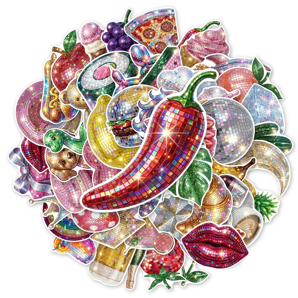 10/30/50pcs Retro Shiny Disco Style Aesthetic Stickers Cartoon Fruit Food Cake Decals DIY Water Bottle Fridge Phone Case Sticker