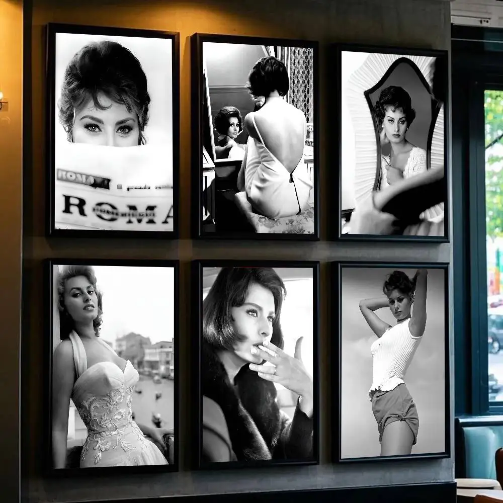 1pc Modern Hit Actress Sophia Loren Black And White Vintage Poster Sticker Print Waterproof Wall Art For Living Room Home Decor